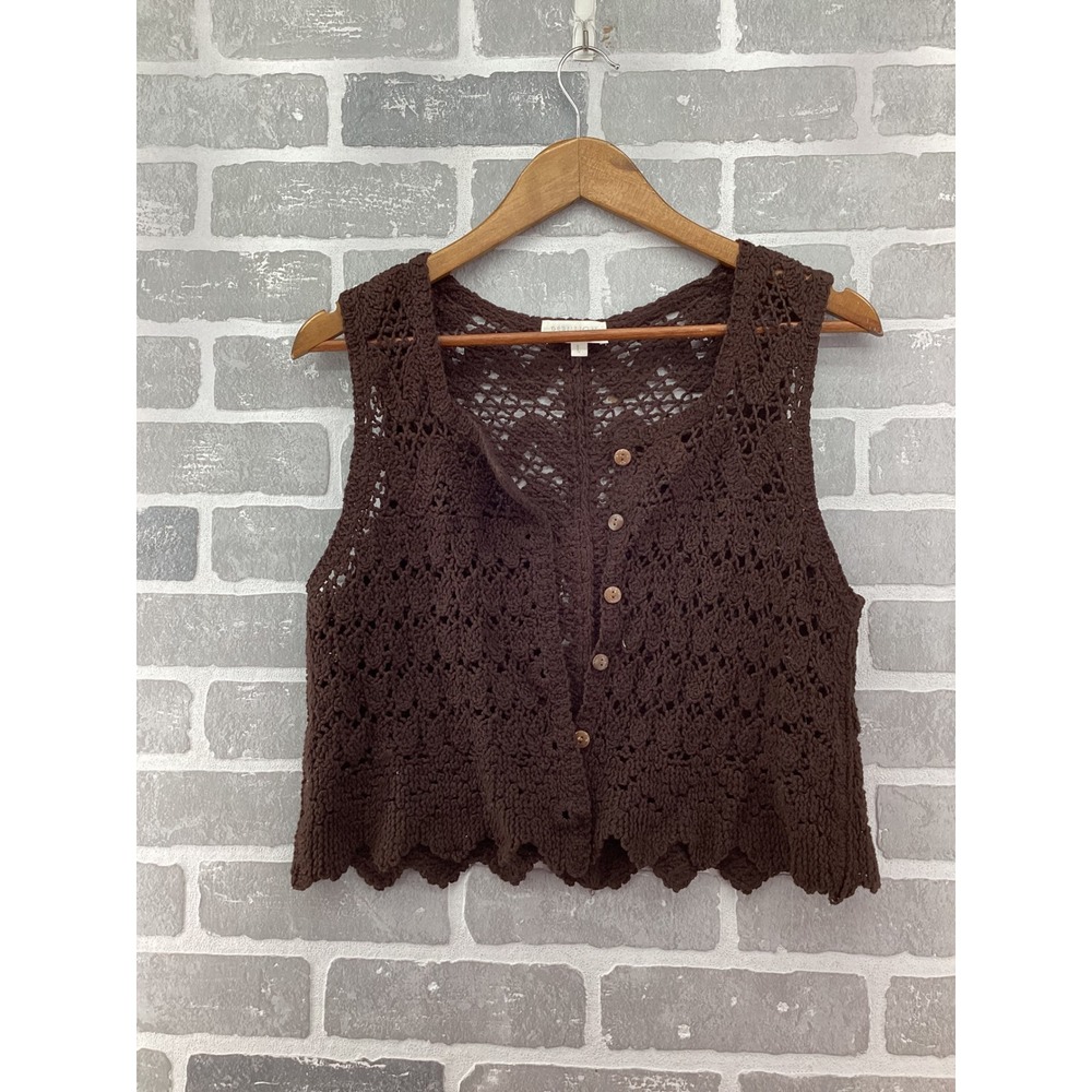 Rebellion Again Brown Crochet Sweater Vest Cotton Button Front Scalloped Large - Picture 1 of 5
